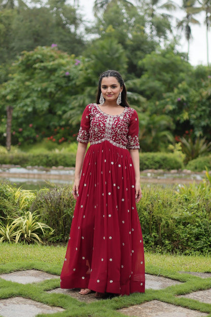 Red Embroidered Faux Blooming Gown By WTW