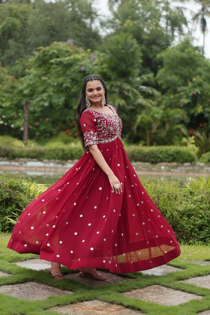 Red Embroidered Faux Blooming Gown By WTW