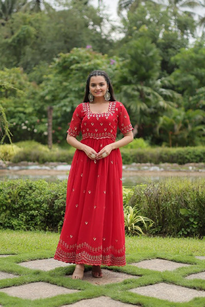 Red Embroidered Faux Blooming Gown By WTW