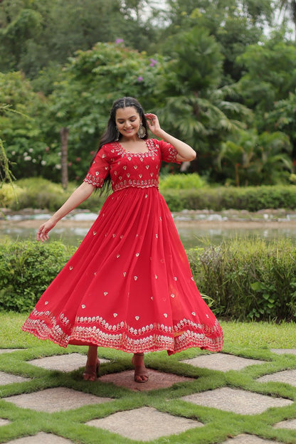 Red Embroidered Faux Blooming Gown By WTW