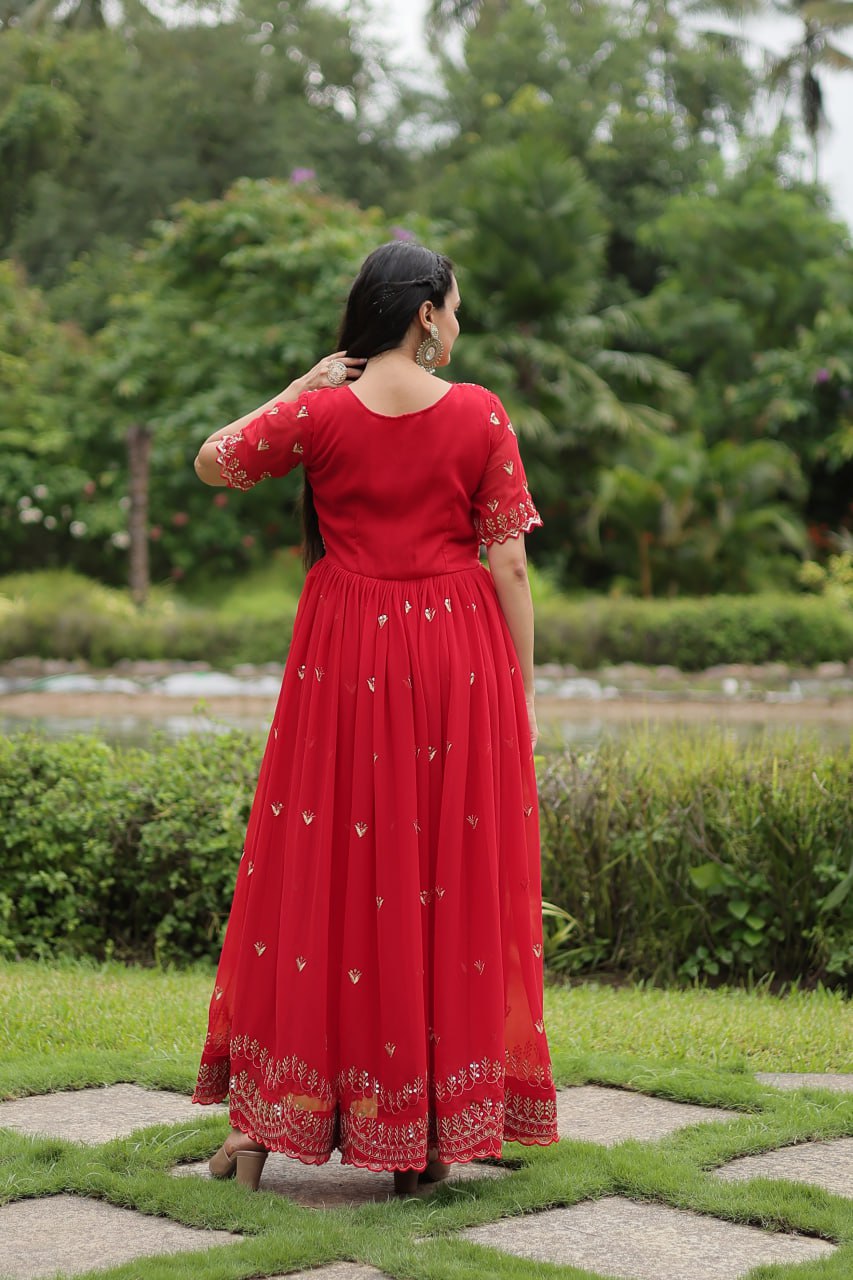 Red Embroidered Faux Blooming Gown By WTW