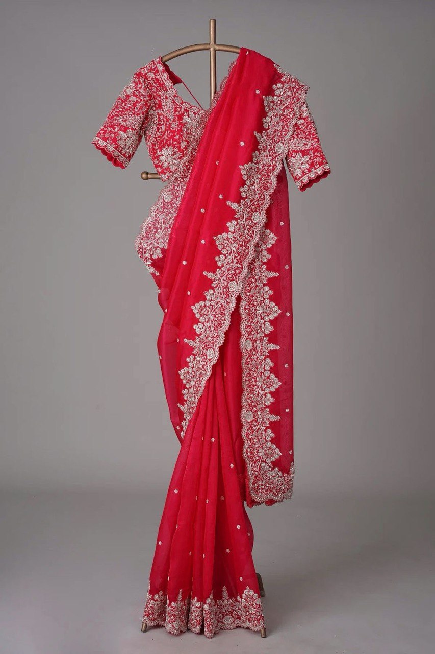 Baby Pink Shimmery Organza Designer Saree By WTW