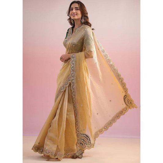 Designer Beige Net Saree With Coding & Sequence For Stylish Elegance By WTW
