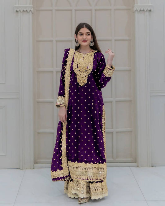 Elegant Purple Color Chinnon Silk Embroidery Sequence Salwar Suit By WTW
