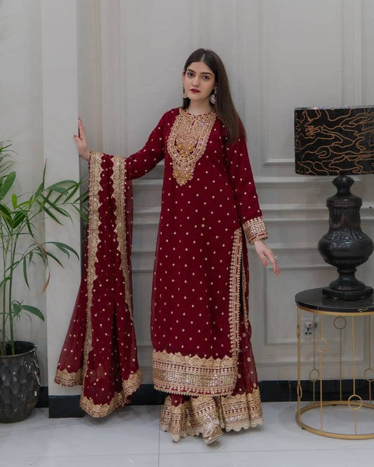 Red Faux Georgette Sequence Embroidery Work Sharara Suit By WTW
