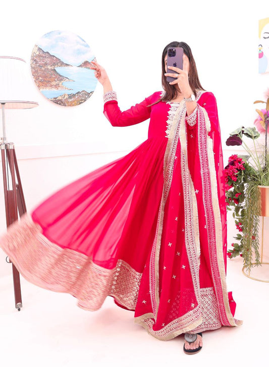 Rani Pink Color Fancy Georgette Thread Designer Salwar Suit By WTW