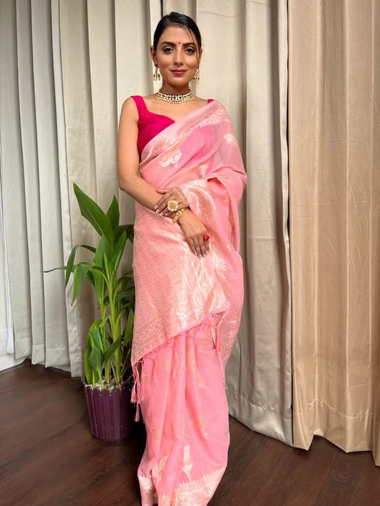 Flamingo Pink Cotton Silk Saree By WTW
