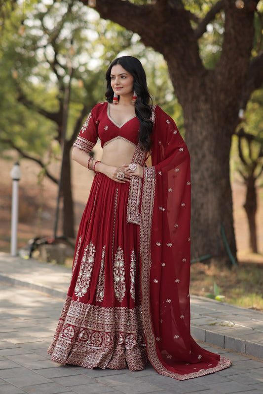 Magnificent Maroon Sequins Georgette Engagement Wear Lehenga Choli By WTW