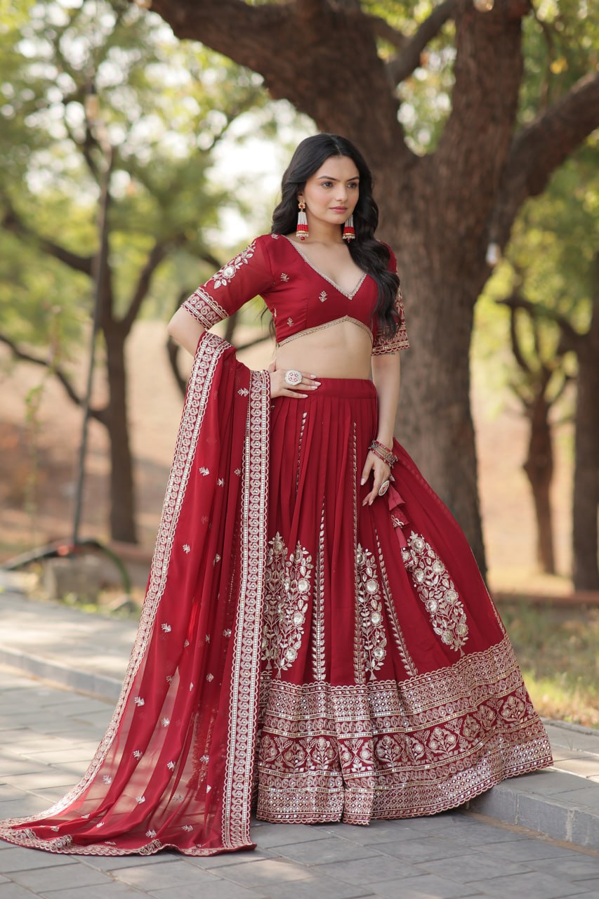 Magnificent Maroon Sequins Georgette Engagement Wear Lehenga Choli By WTW