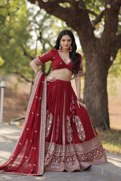 Magnificent Maroon Sequins Georgette Engagement Wear Lehenga Choli By WTW