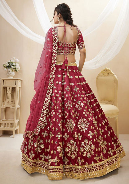 Red Sequin Foil Zari Embroidered Art Silk Lehenga Set By WTW