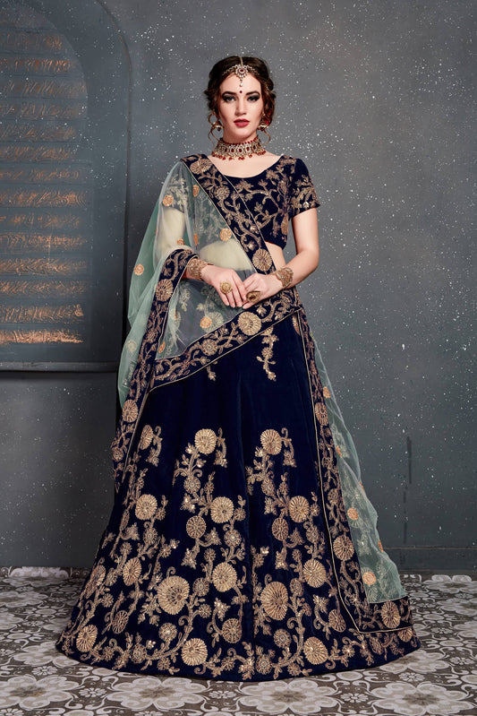 Beautiful Navy Blue Bridal Wear Embroidered Velvet Lehenga Choli By WTW
