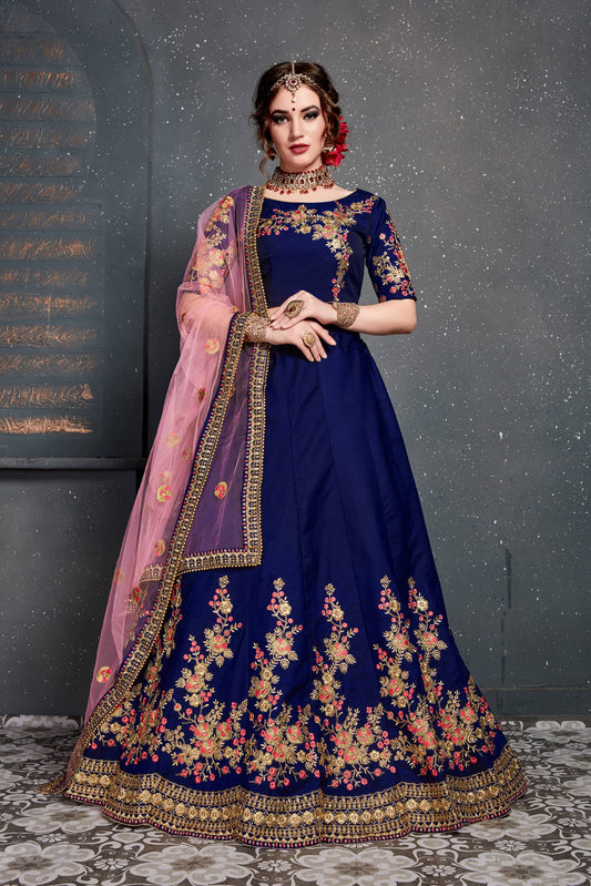 Stunning Navy Blue Embroidered Taffeta Silk Bridal Lehenga Choli By WTW