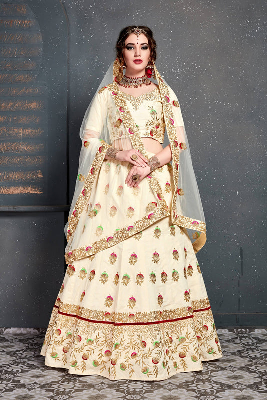 Cream Zari Embroidered Slub Silk Lehenga Set By WTW