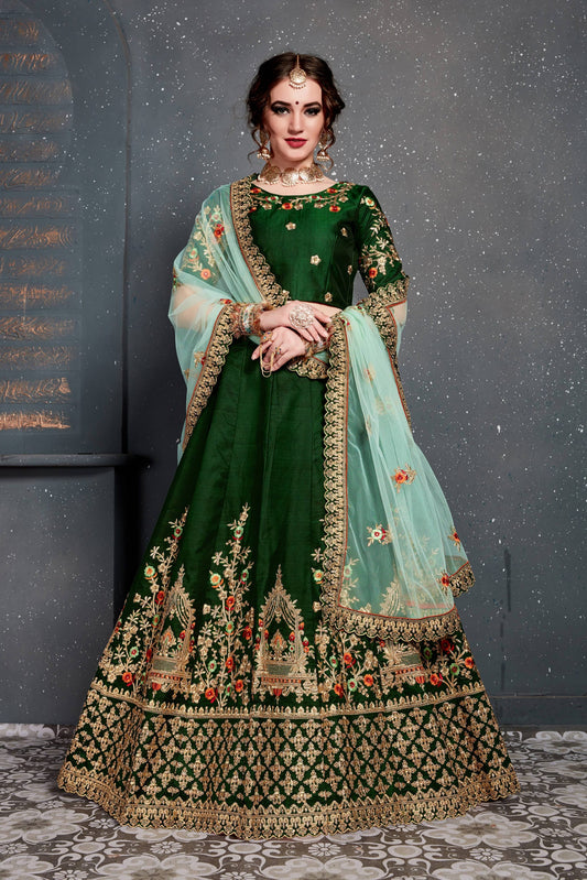 Dark Green Bridal Wear Embroidered Taffeta Silk Lehenga Choli By WTW