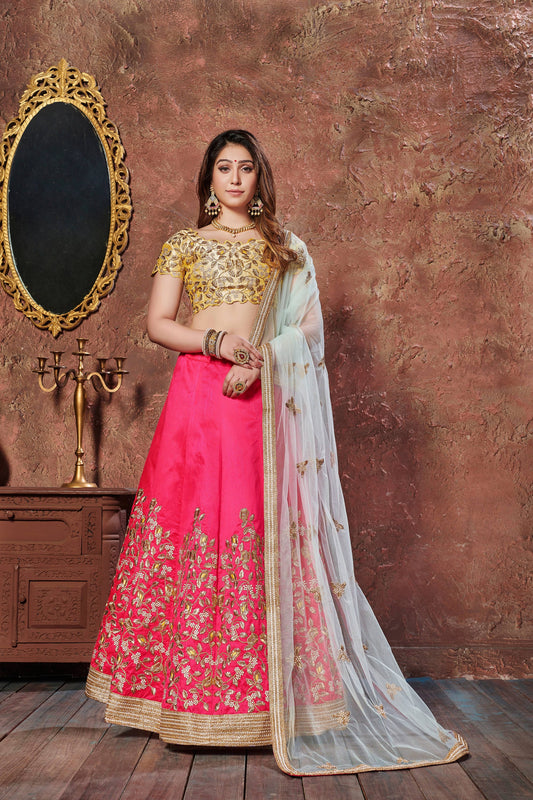 Stunning Hot Pink Thread Embroidered Mulberry Silk Bridal Lehenga Choli By WTW