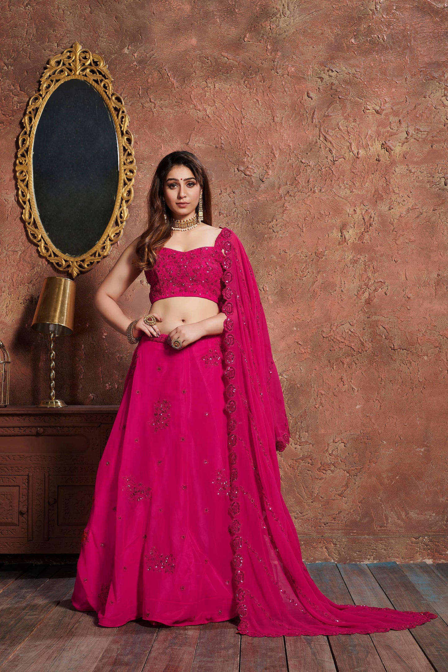 Alluring Pink Sequins Embroidered Georgette Wedding Lehenga Choli By WTW