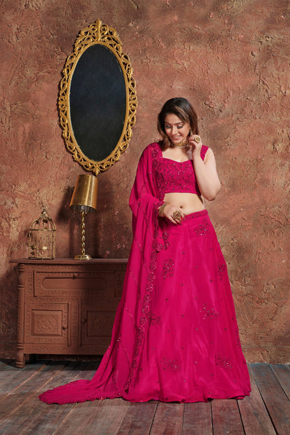 Alluring Pink Sequins Embroidered Georgette Wedding Lehenga Choli By WTW