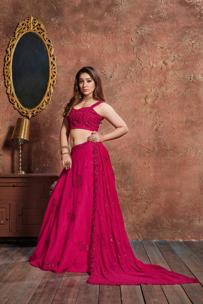 Alluring Pink Sequins Embroidered Georgette Wedding Lehenga Choli By WTW