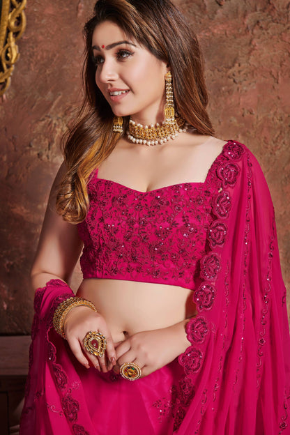 Alluring Pink Sequins Embroidered Georgette Wedding Lehenga Choli By WTW