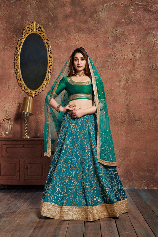 Charming Teal Green Sequins Embroidered Art Silk Wedding Lehenga Choli By WTW