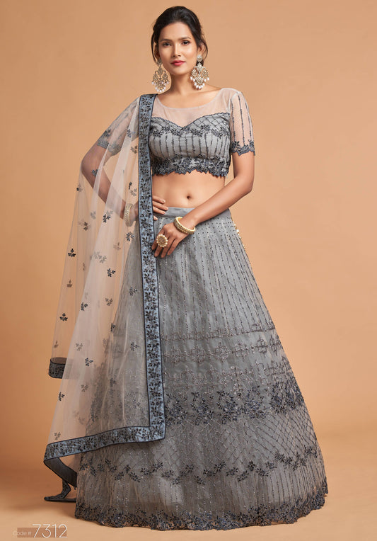 Unique Grey Dori Thread Embroidered Net Wedding Lehenga Choli By WTW