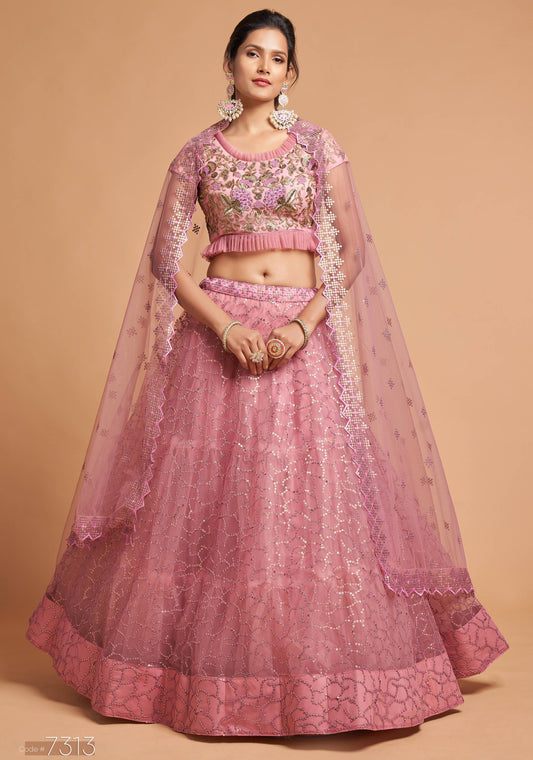 Blush Pink Zari And Sequin Embroidered Lehenga Set By WTW