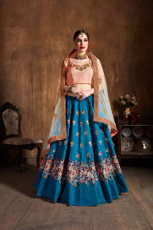 Stunning Teal Blue Thread Work Raw Silk Bridal Lehenga Choli By WTW