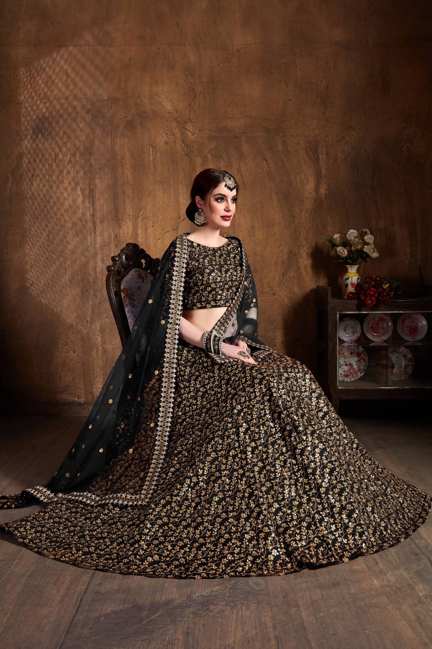 Alluring black heavy zari and sequins embroidered wedding designer lehenga choli with dupatta By WTW