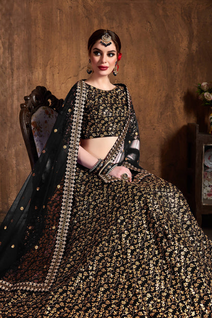 Alluring black heavy zari and sequins embroidered wedding designer lehenga choli with dupatta By WTW