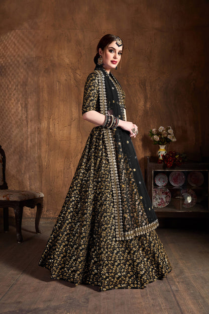 Alluring black heavy zari and sequins embroidered wedding designer lehenga choli with dupatta By WTW