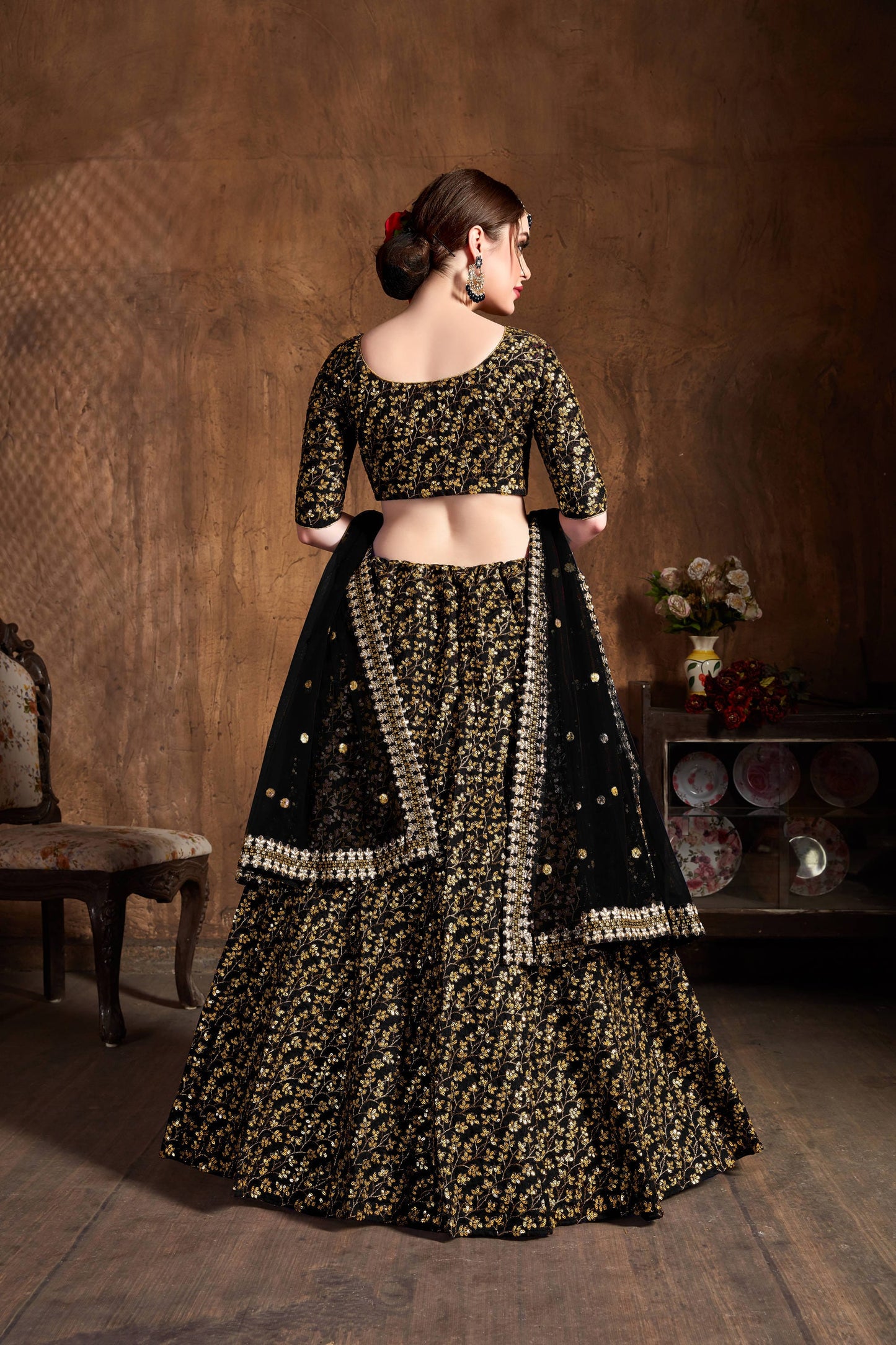 Alluring black heavy zari and sequins embroidered wedding designer lehenga choli with dupatta By WTW