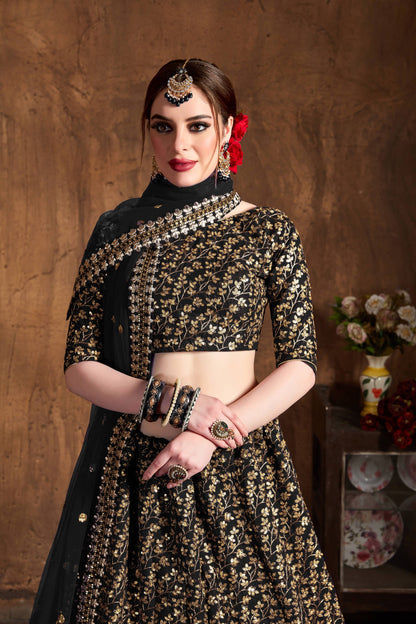 Alluring black heavy zari and sequins embroidered wedding designer lehenga choli with dupatta By WTW