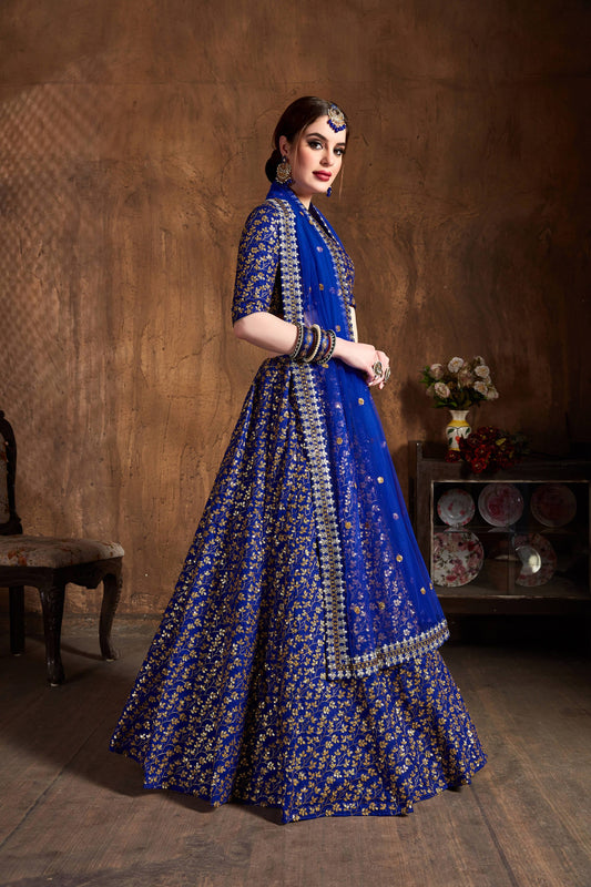 Blue Zari Embroidery Raw Silk Wedding Lehenga Choli With Dupatta By WTW