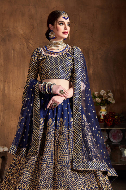 Demanding Navy Blue Sequins Raw Silk Wedding Lehenga Choli By WTW