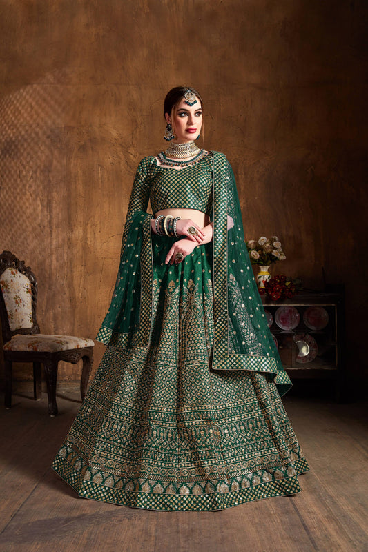 Bottle Green Sequins Raw Silk Wedding Lehenga Choli With Dupatta By WTW