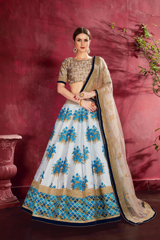 Charming Blue Floral Printed Banglory Silk Wedding Lehenga Choli By WTW