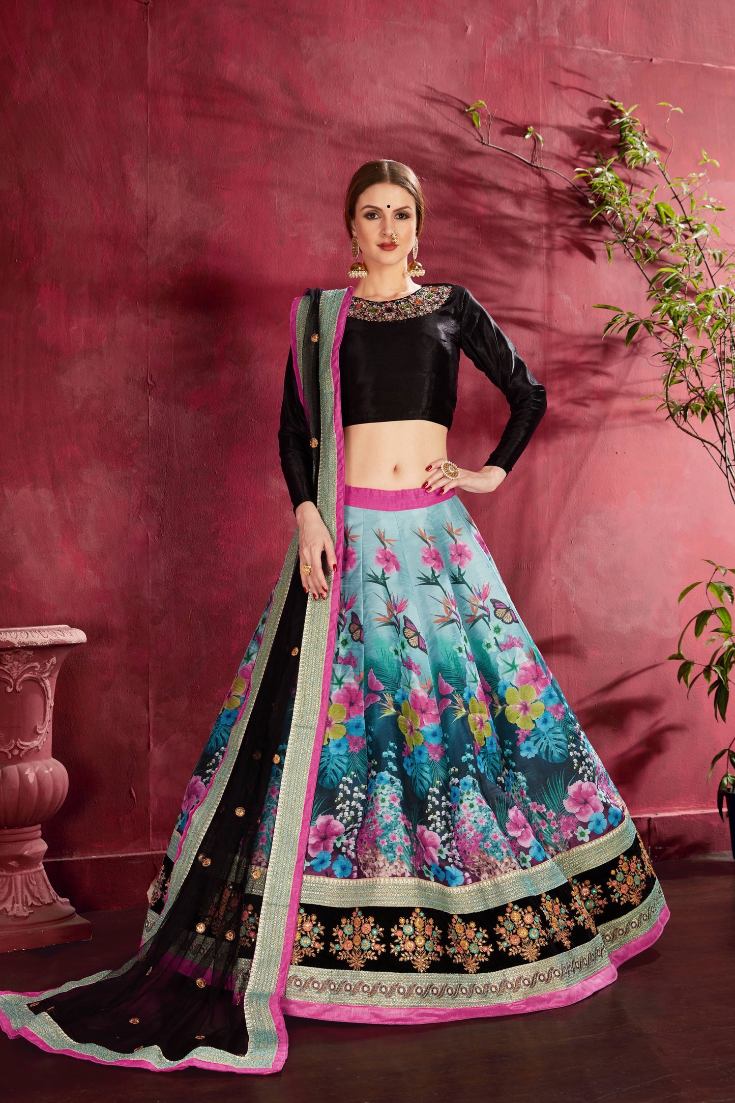 Attractive Blue Floral Printed Banglori Silk Bridal Lehenga With Black Choli By WTW