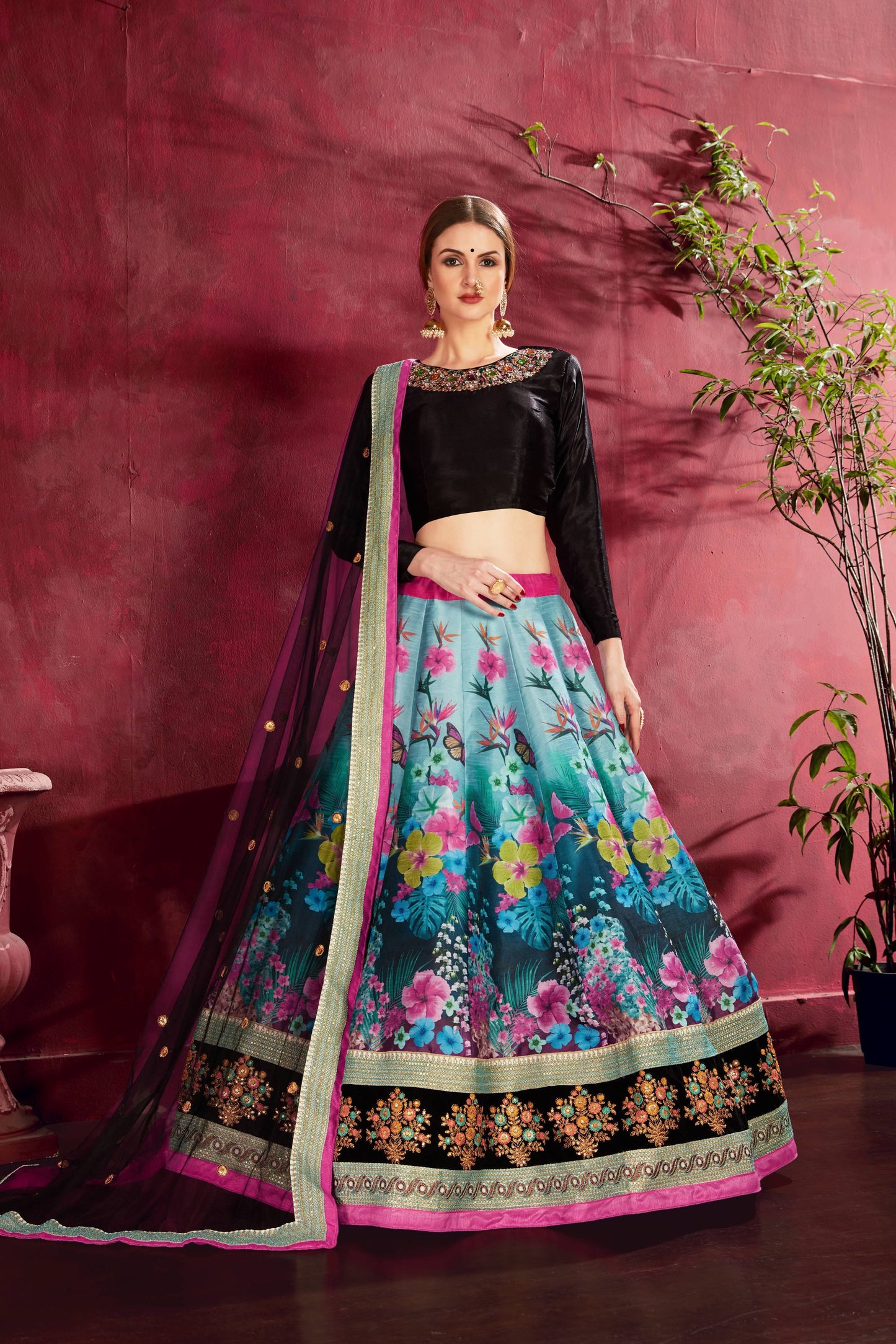 Attractive Blue Floral Printed Banglori Silk Bridal Lehenga With Black Choli By WTW