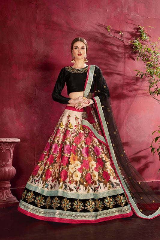 Sizzling Multi Color-Black Floral Printed Banglory Silk Wedding Lehenga Choli With Dupatta By WTW