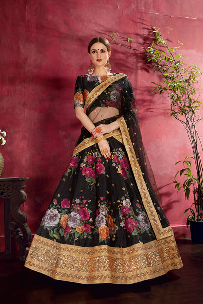 Arresting Black Floral Printed Banglory Silk Wedding Lehenga Choli With Dupatta By WTW