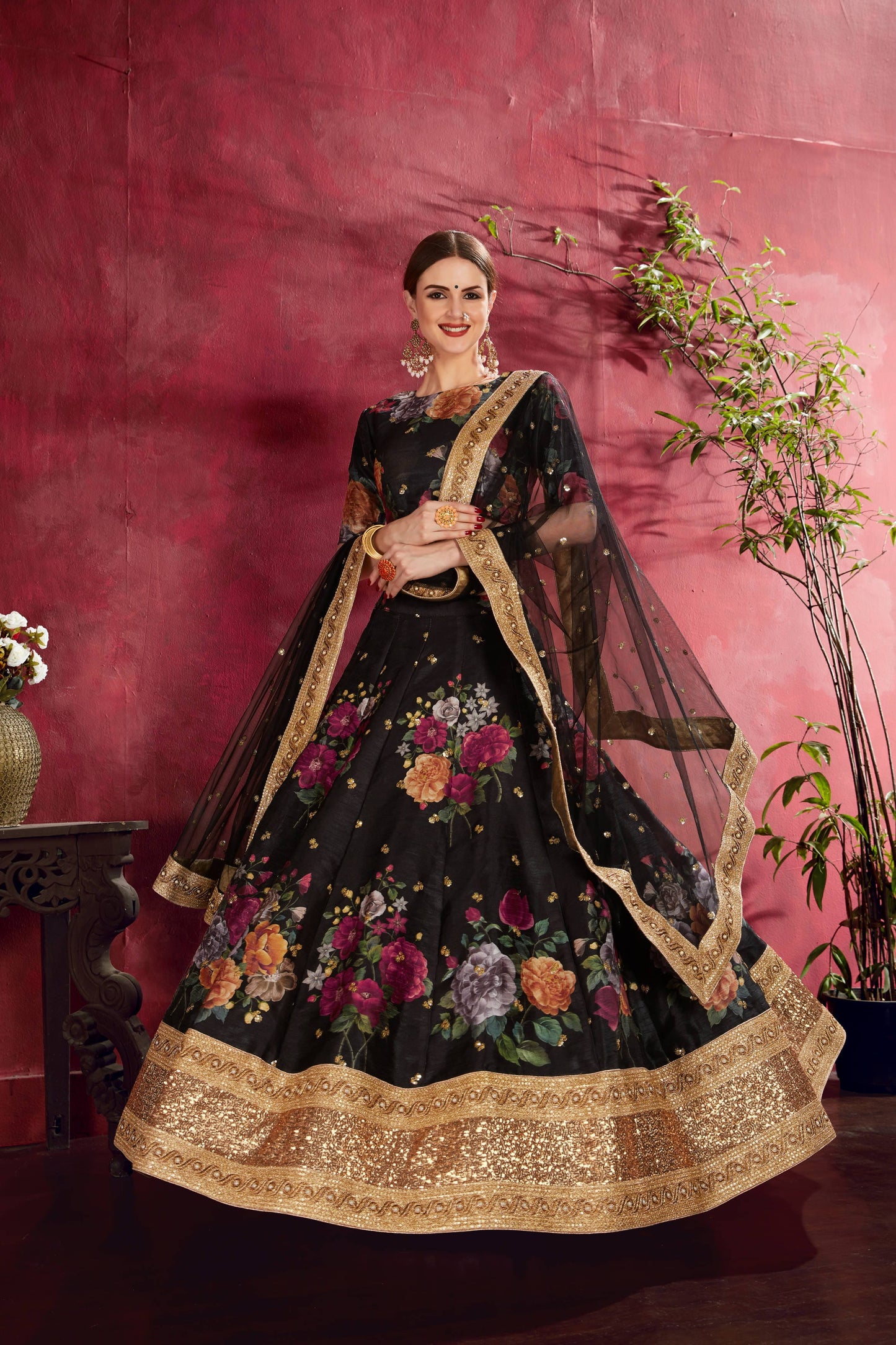 Arresting Black Floral Printed Banglory Silk Wedding Lehenga Choli With Dupatta By WTW