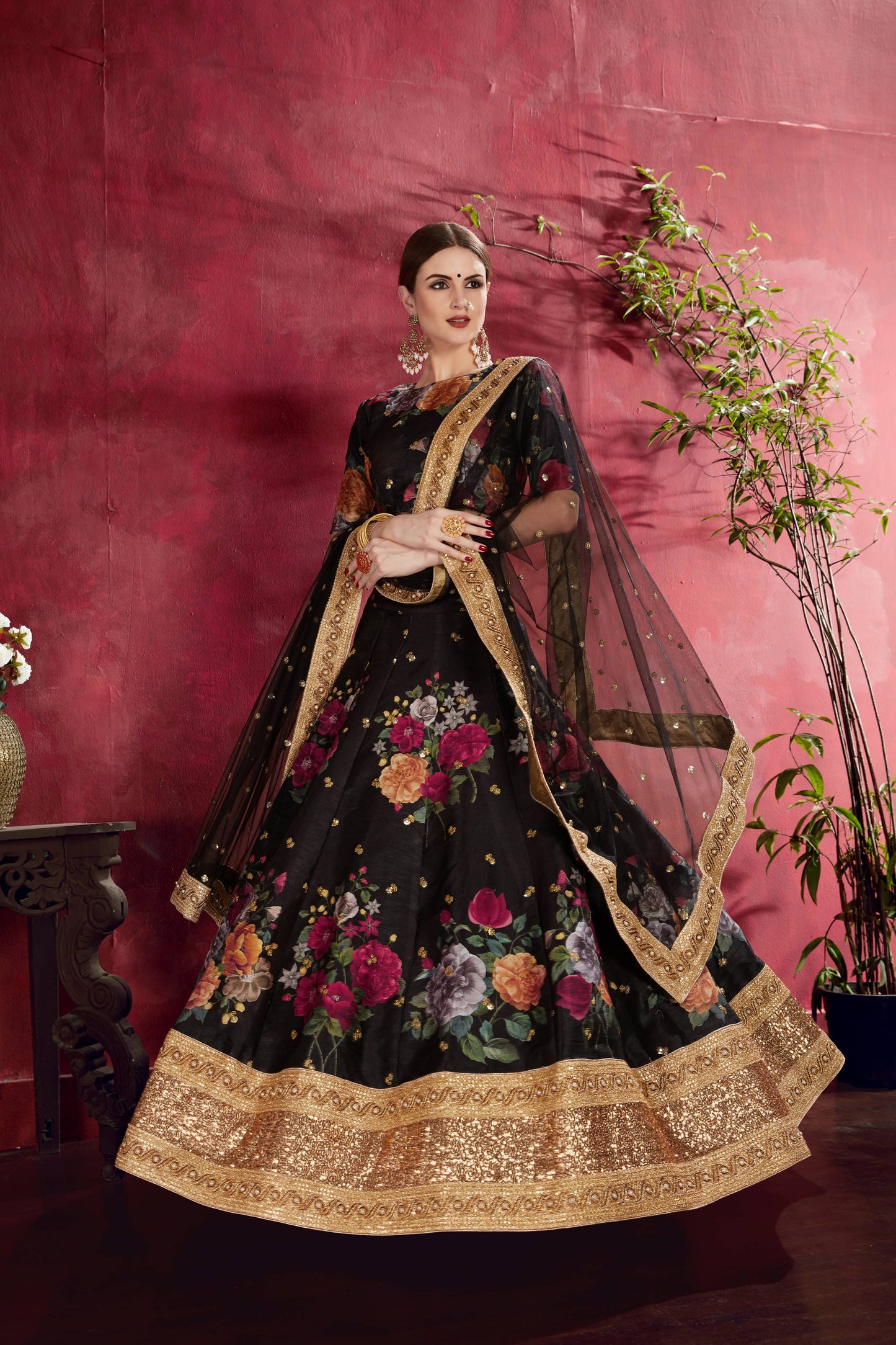 Arresting Black Floral Printed Banglory Silk Wedding Lehenga Choli With Dupatta By WTW