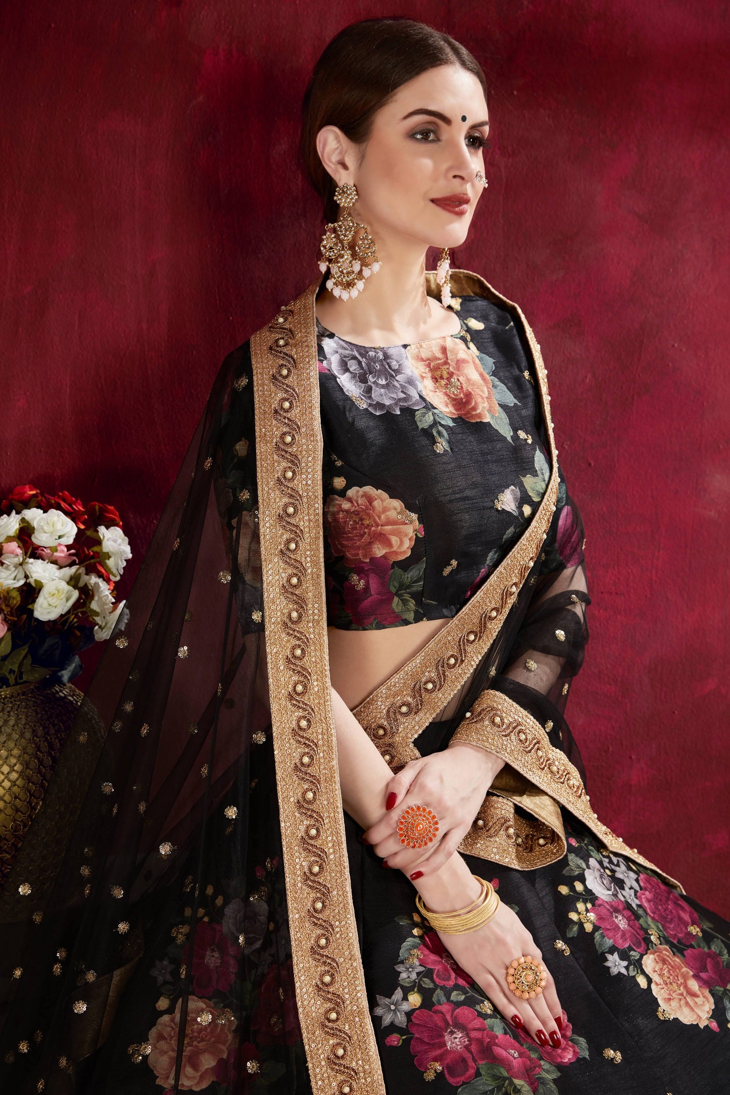 Arresting Black Floral Printed Banglory Silk Wedding Lehenga Choli With Dupatta By WTW