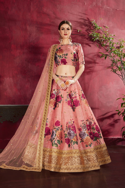 Adorning Peach Floral Printed Banglory Silk Wedding Lehenga Choli With Dupatta By WTW