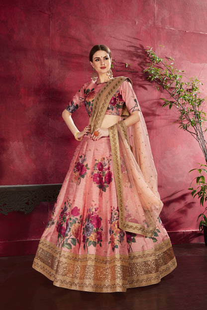 Adorning Peach Floral Printed Banglory Silk Wedding Lehenga Choli With Dupatta By WTW