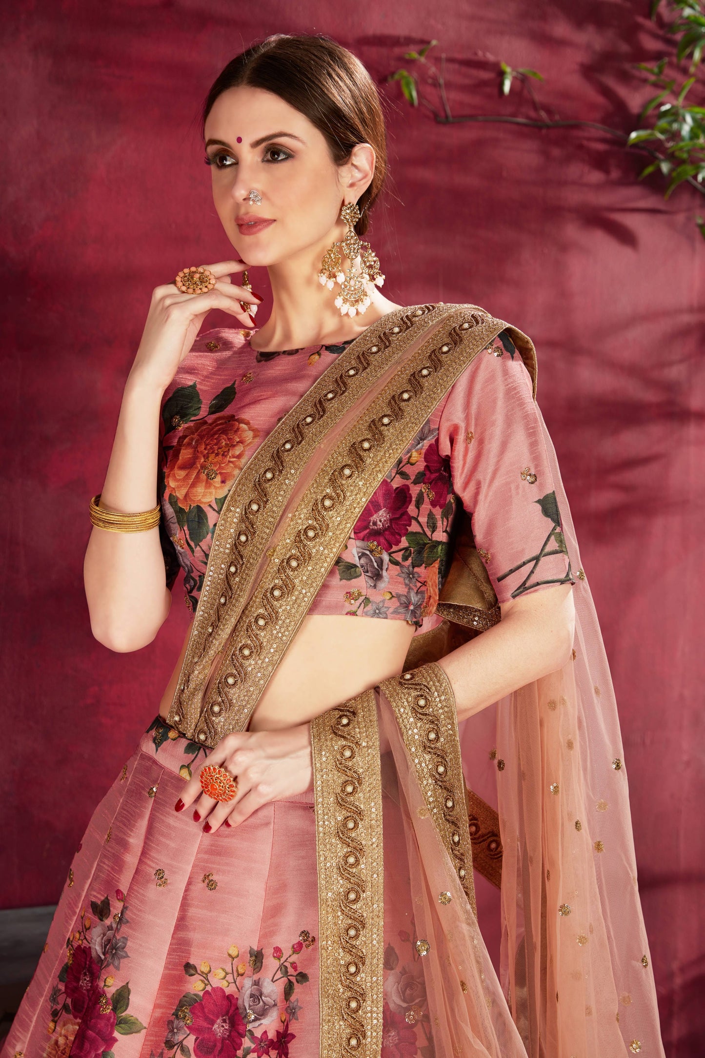 Adorning Peach Floral Printed Banglory Silk Wedding Lehenga Choli With Dupatta By WTW