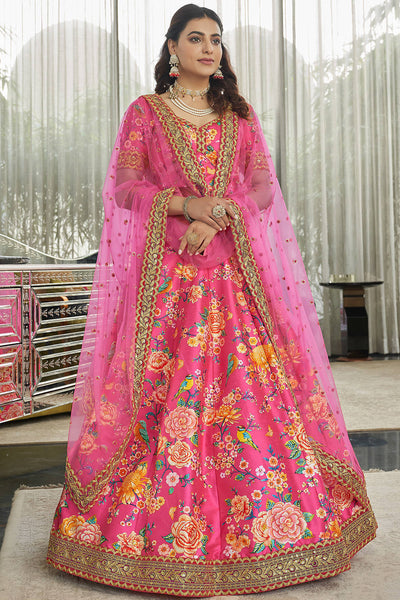 Wonderful Deep Pink Floral Printed Art Silk Lehenga Choli With Dupatta By WTW