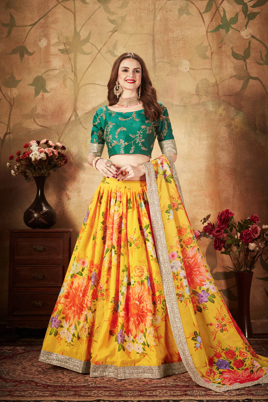 Yellow And Green Digital Print Zari Embroidered Lehenga Set By WTW