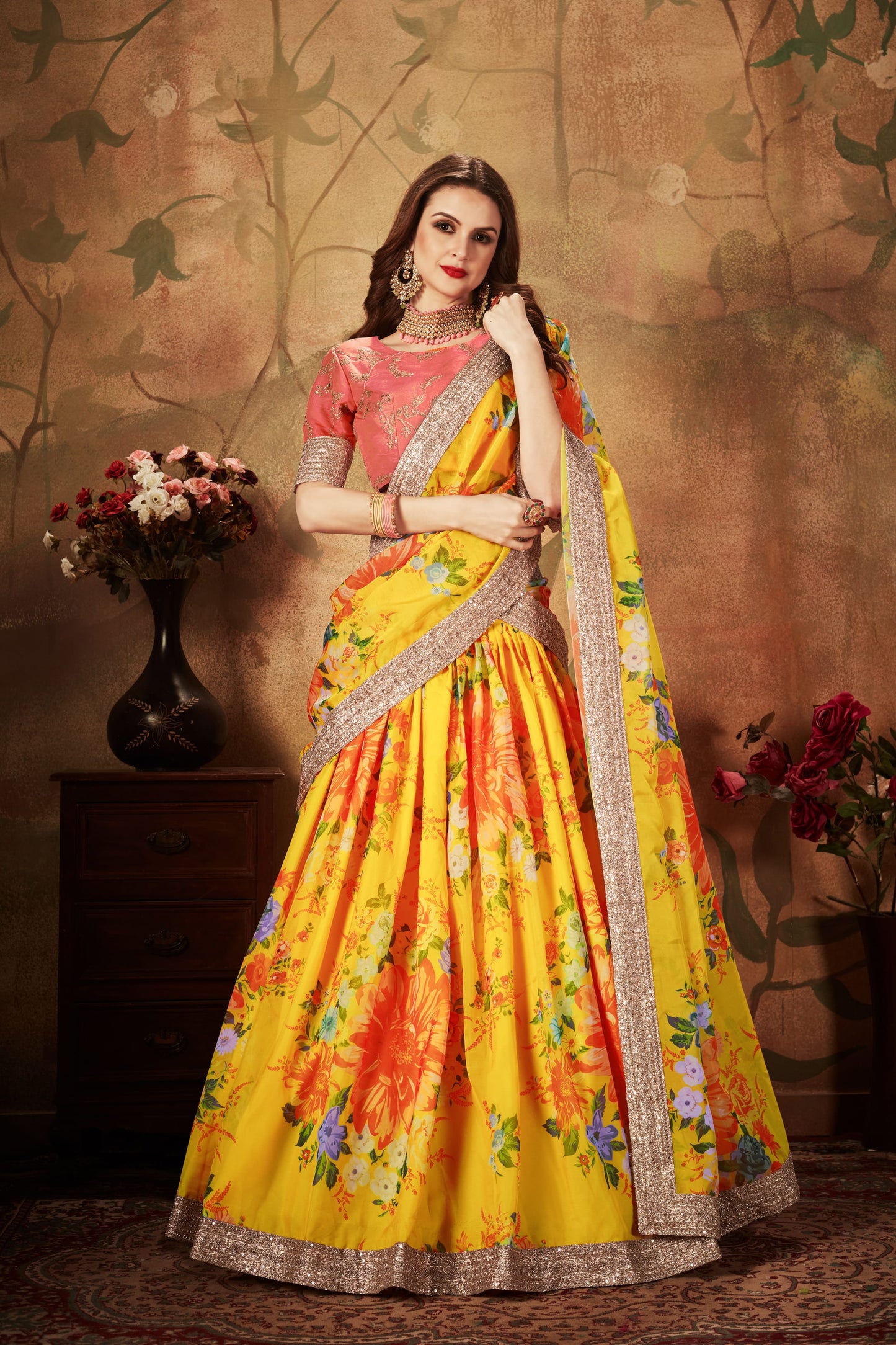 Adorning Yellow Digital Printed Organza Silk Wedding Lehenga Choli With Orange Blouse By WTW